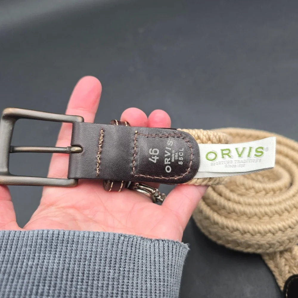 Orvis Mens Braided Elastic Belt Tan Khaki Brown Leather Trim Size 46 Made in USA